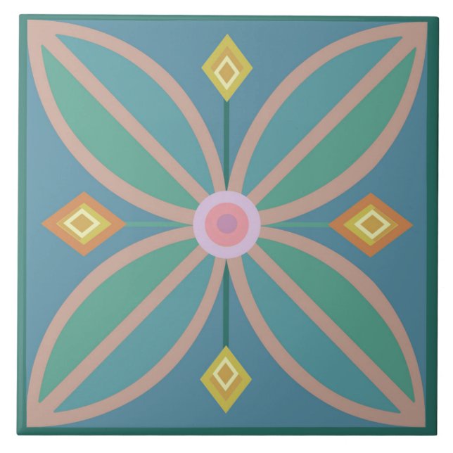 Decorative Moroccan flower tile teal citrus &pink (Front)