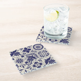 Decorative Nile Blue Mexican Traditional Talavera Glass Coaster