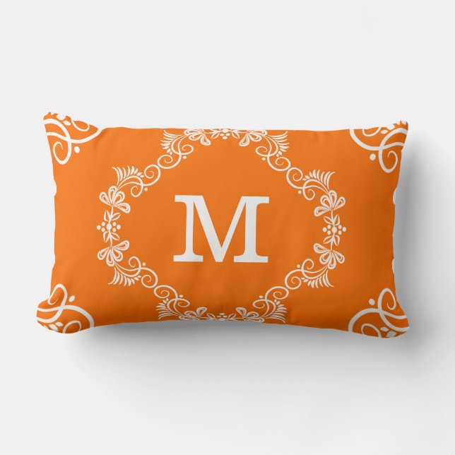 Decorative Orange White Custom Monogram Lumbar Pillow (Front)