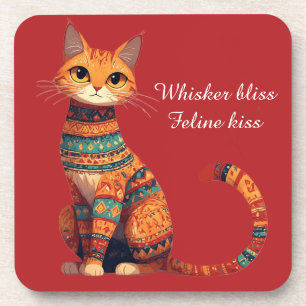 Decorative Ornamental Cat with Flowers Boho Art Coaster