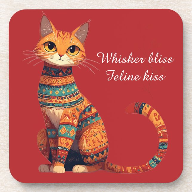 Decorative Ornamental Cat with Flowers Boho Art Coaster (Front)