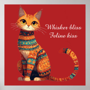 Decorative Ornamental Cat with Flowers Boho Art Poster