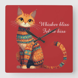 Decorative Ornamental Cat with Flowers Boho Art Square Wall Clock