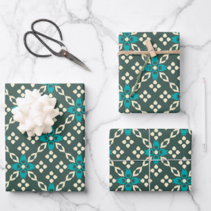 Decorative Ornate Retro Tile Pattern in Teal Green Wrapping Paper Sheet