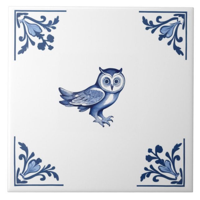 Decorative Owl with Delft Blue and White Corners Tile (Front)