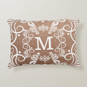 Decorative Pattern Rustic Burlap Monogram Accent Pillow