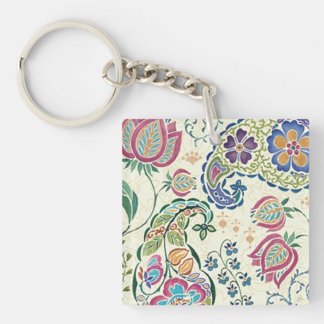 Decorative Peacock and Colourful Flowers Keychain (Front)