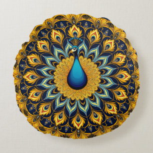 Decorative peacock bird on white round pillow
