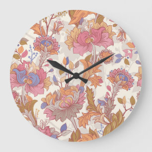 Decorative peonies: colourful floral pattern. large clock