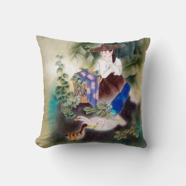 Decorative Pillow w Oriental Motif - Woman & Swans (Front)