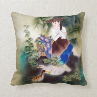 Decorative Pillow w Oriental Motif - Woman & Swans