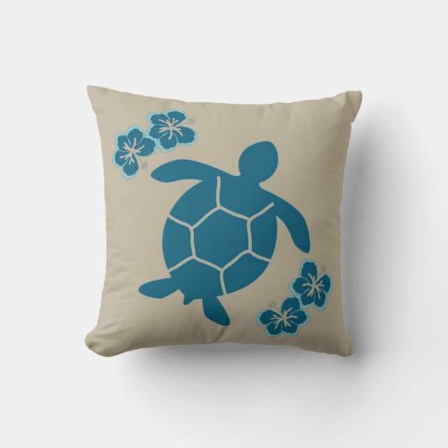 decorative pillow with sea turtle, blue on tan (Front)