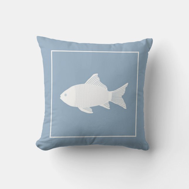 Decorative pillow with white fish on blue (Front)