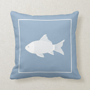 Decorative pillow with white fish on blue