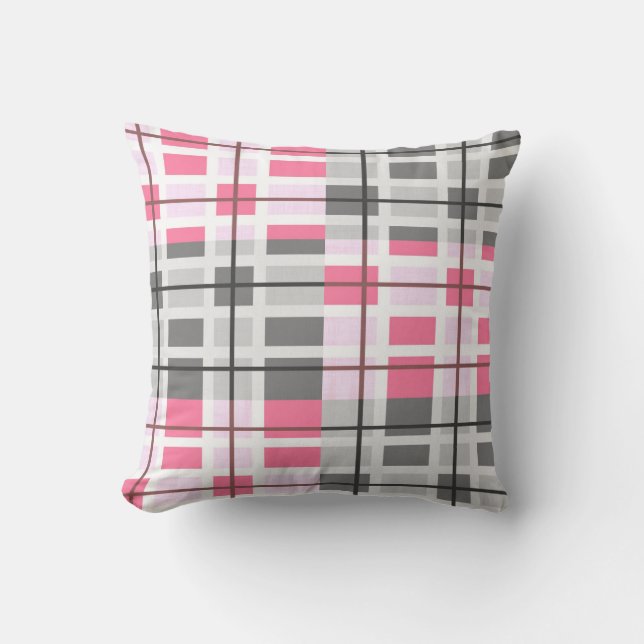 Decorative Pink and Grey Plaid Pattern Throw Pillow (Front)