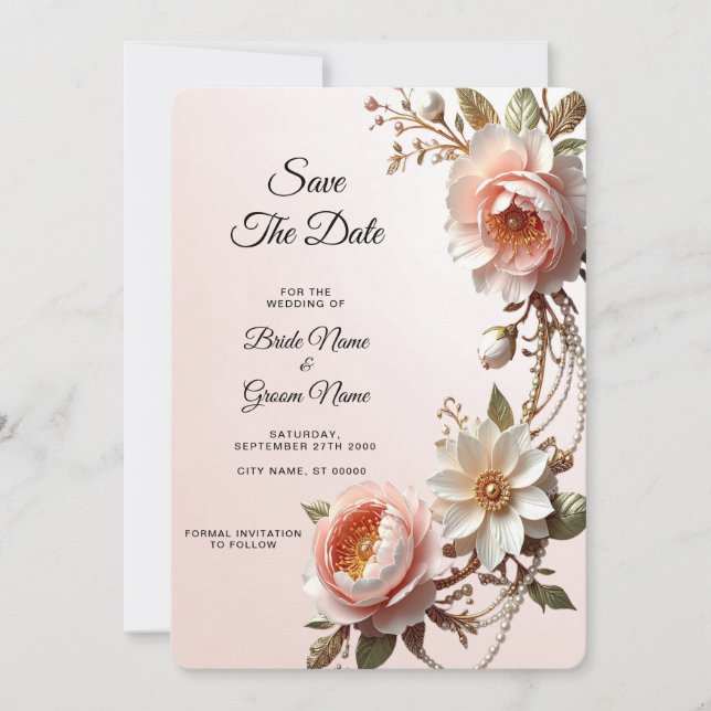 Decorative Pink and White Flowers Save The Date (Front)