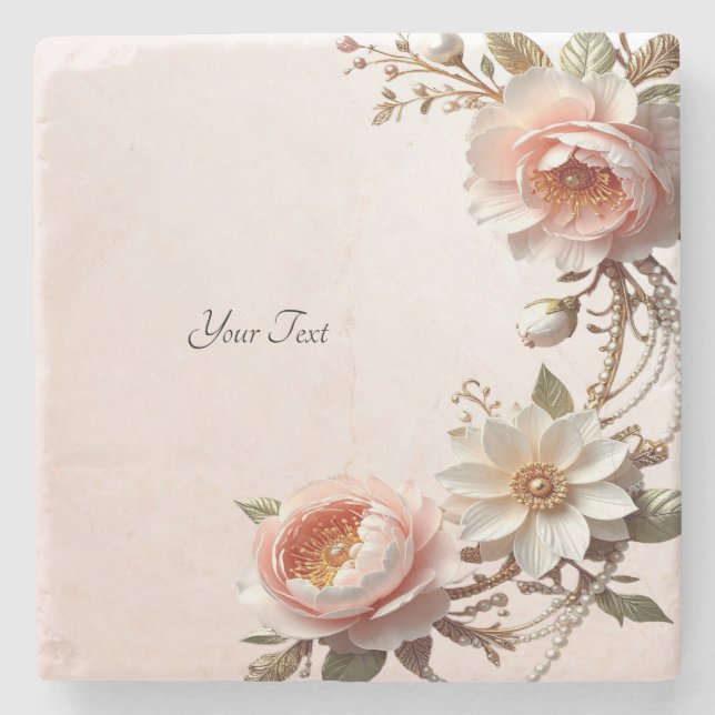 Decorative Pink and White Flowers Stone Coaster (Front)