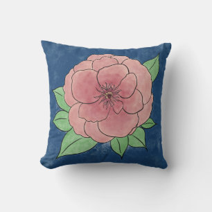 Decorative Pink Flower Blue Throw Pillow