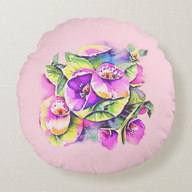 Decorative pink flowers round pillow (Front)