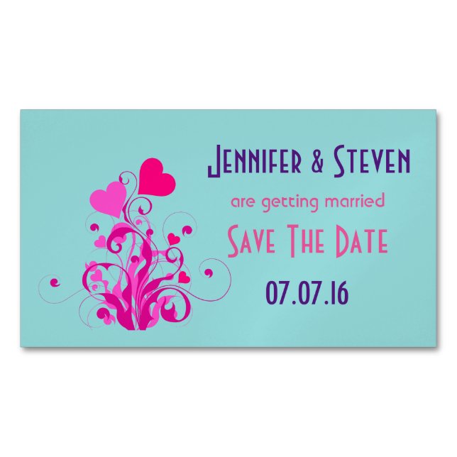 Decorative Pink Hearts Save The Date Magnetic Business Card (Front)