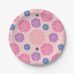 Decorative Pink Purple and Blue Floral Pattern Paper Plate