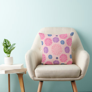 Decorative Pink Purple and Blue Floral Pattern Throw Pillow
