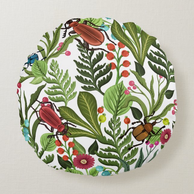 Decorative Plants and Insects: Seamless Design. Round Pillow (Front)