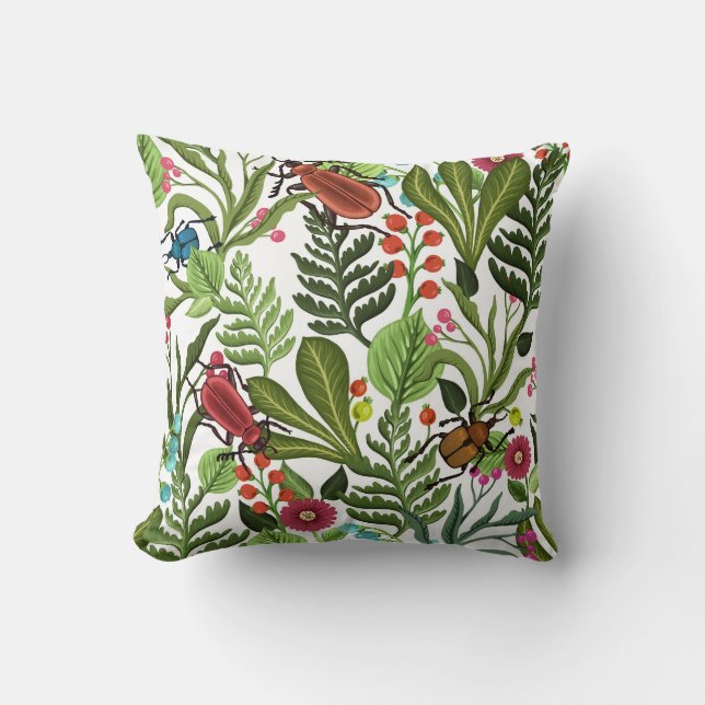 Decorative Plants and Insects: Seamless Design. Throw Pillow (Front)