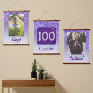 Decorative Purple Glitter 2 Photos 100th Birthday Hanging Tapestry