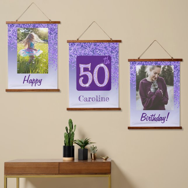 Decorative Purple Glitter 2 Photos 50th Birthday Hanging Tapestry (Asymmetrical)