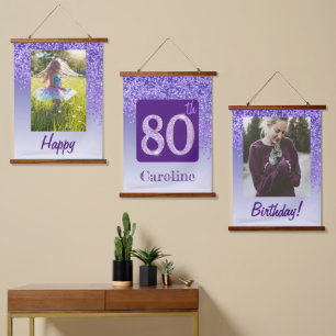 Decorative Purple Glitter 2 Photos 80th Birthday Hanging Tapestry