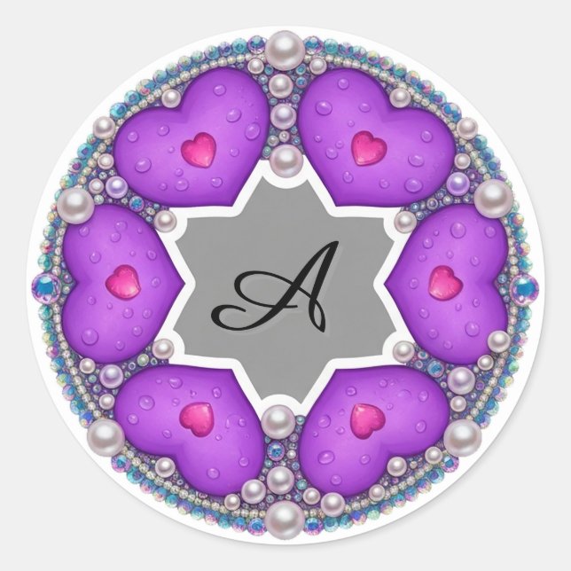 Decorative Purple Heart Ring Frame Classic Round Sticker (Front)