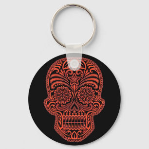 Decorative Red and Black Sugar Skull Keychain