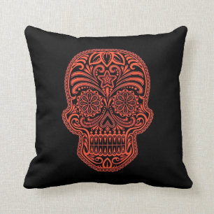 Decorative Red and Black Sugar Skull Throw Pillow