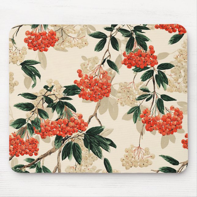 Decorative Red and White Berry Pattern Mouse Pad (Front)