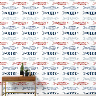 Decorative Red & Blue Sardines Fish Pattern Wallpaper