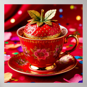 Decorative Red Floral Teacup with Golden Details Poster