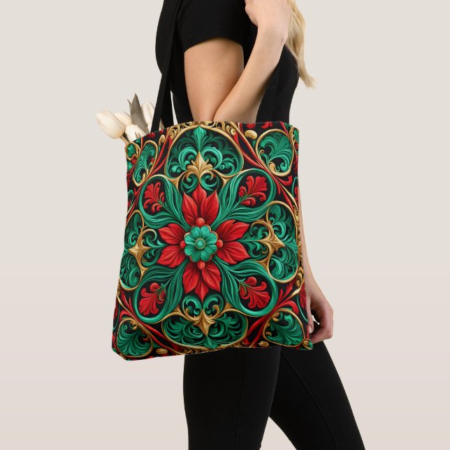 Decorative Red Green Christmas Holiday Tote Bag (Close Up)