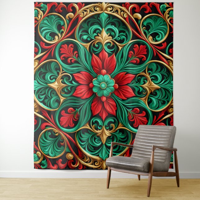 Decorative Red Green Holiday Backdrop Tapestry (In Situ)