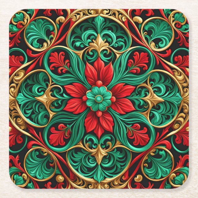 Decorative Red Green Holiday Paper Coaster (Front)
