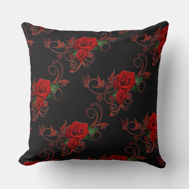 Decorative Red Roses Pattern Red and Black Pillow (Front)