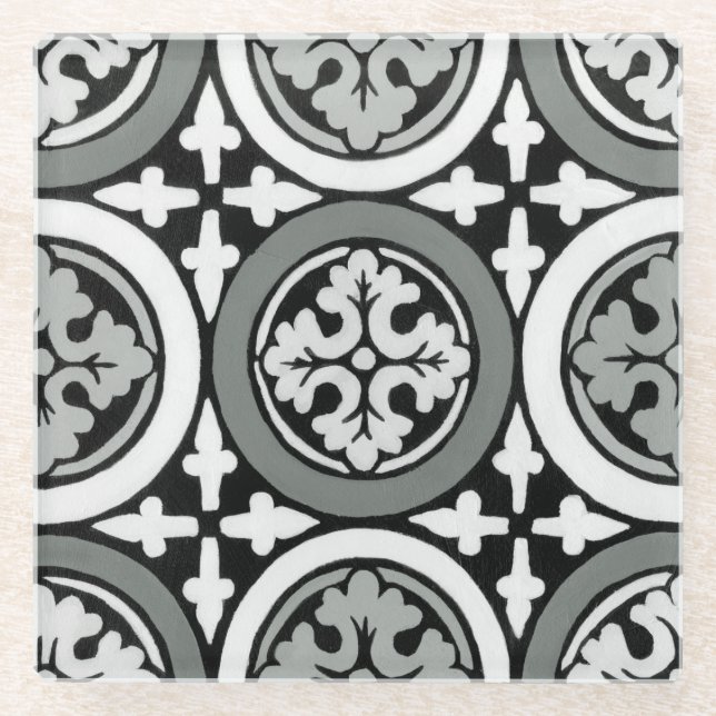 Decorative Renaissance Rosette Tile Design Glass Coaster (Front)
