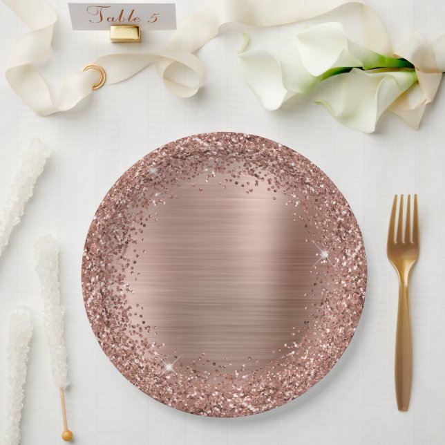 Decorative Rose Gold Glitter and Foil Girly Glam Paper Plate (Wedding)