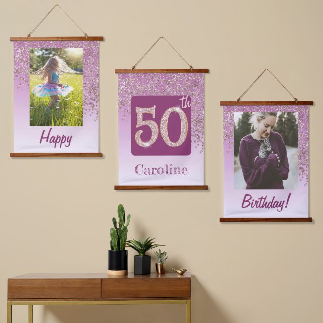 Decorative Rose Gold Glitter, Photos 50th Birthday Hanging Tapestry (Asymmetrical)