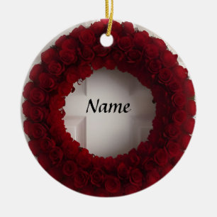 Decorative Rose Wreath with Bright Red Hearts Ceramic Ornament