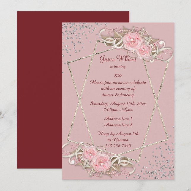 Decorative Roses, Sparkly Woman's Birthday Invitation (Front/Back)