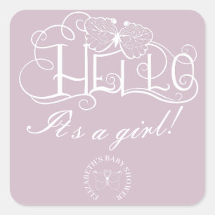 decorative script hello it's a girl blush square sticker