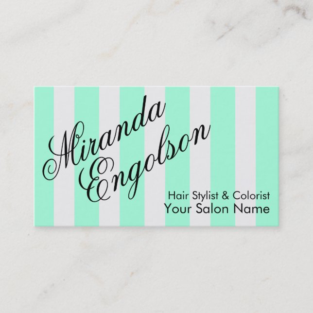Decorative Script Turquoise Stripes Business Card (Front)