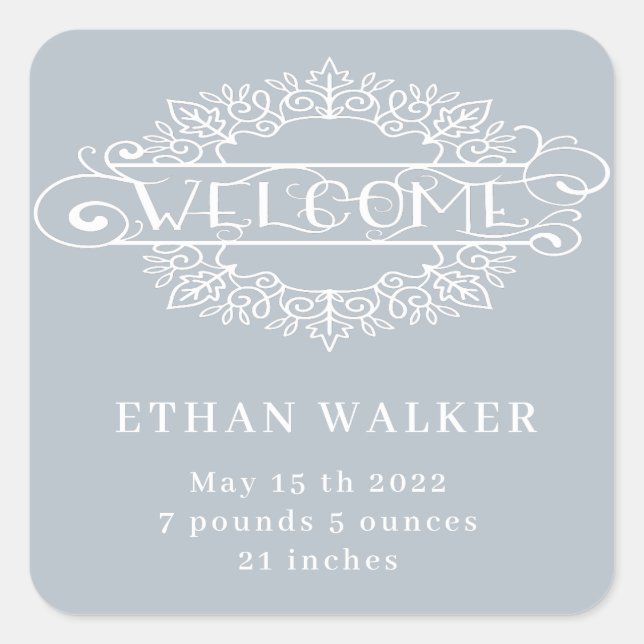 decorative script welcome baby boy blue square sticker (Front)