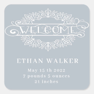 decorative script welcome baby boy blue square sticker
